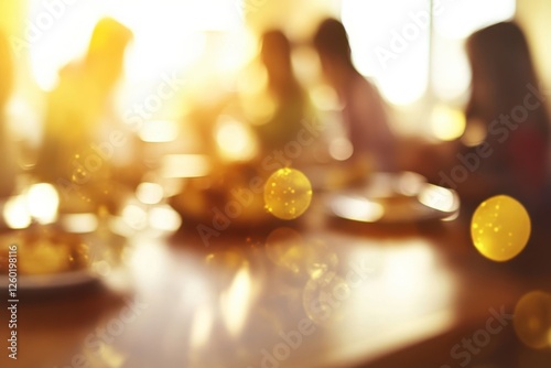 Silhouetted People Dining Together in Warm Sunlit Room with Golden Bokeh