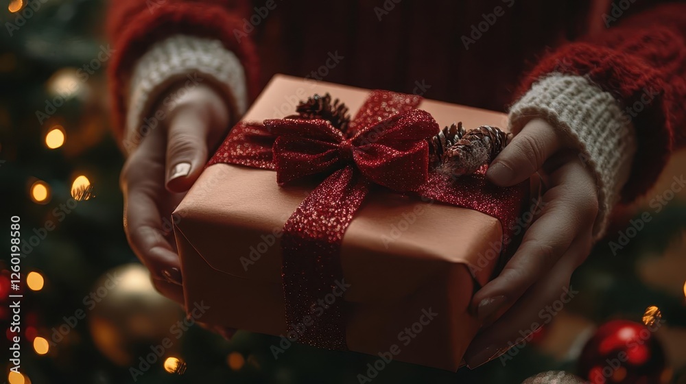 Christmas gifts, close-up of hands unwrapping presents under a lit tree Christmas gifts, close-up of hands unwrapping presents under a lit tree