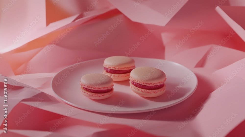 Gourmet Pink Macarons on Plate - Elegant Dessert Macaroons Concept for Food and Design Gourmet Pink Macarons on Plate - Elegant Dessert Macaroons Concept for Food and Design
