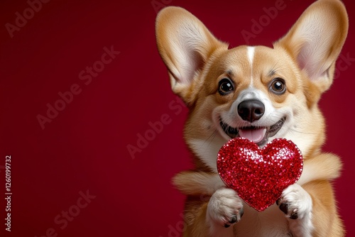 Commercial conceptual art. Cute pembroke welsh corgi hound with sparkling rhinestones red heart - sign of love, funny greeting card. Pembroke welsh corgi - my treasured dog. Love and loyalty. photo