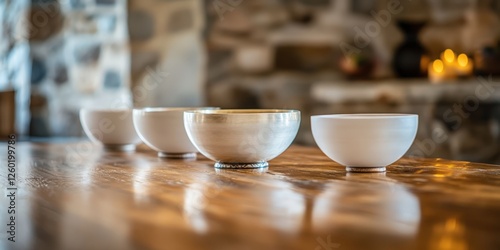 A captivating close-up of a wooden table gleams under soft light, its shiny, golden-brown surface reflecting warmth and inviting charm, enhancing the room's ambiance photo