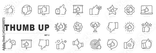 Set of thumb up related line icons. Like, accept, positive, rate etc. Editable stroke. Set 2