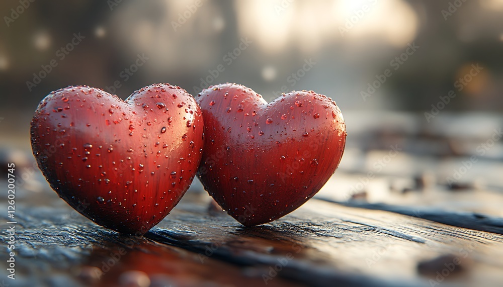 Fototapeta premium Two Red Hearts with Water Droplets on a Wooden Surface Illuminated by Soft Warm Light