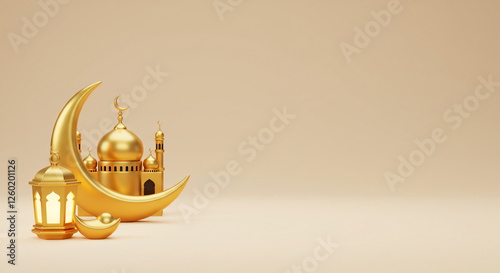 3D rendering of a golden lantern beside a mosque icon and a crescent moon for Eid Mubarak and Ramadan Kareem on a beige background, with copy space. Illustration, vector illustration art design