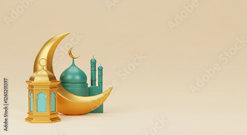3D rendering of a golden lantern beside a mosque icon and a crescent moon for Eid Mubarak and Ramadan Kareem on a beige background, with copy space. Illustration, vector illustration art design