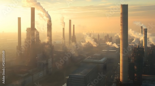 Industrial complex belching smoke into a hazy and polluted sky photo