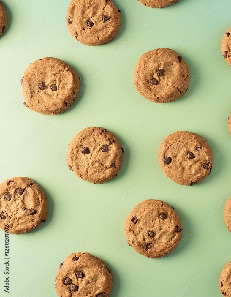 Delicious chocolate chip cookies arranged on light green background Delicious chocolate chip cookies arranged on light green background