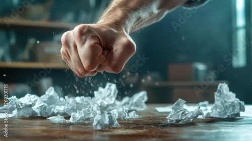 A dramatic scene with a fist smashing onto a desk scattered with crumpled papers, representing anger and frustration, in a high-intensity context. photo