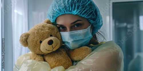 Charming teddy bear peeks from a plastic wrap, head tilted left; eyes softly gazing through. A playful blend of innocence and mystery in a cozy close-up photo