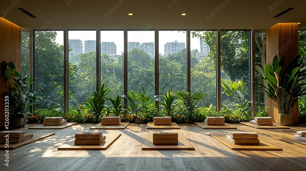 Fototapeta premium Modern yoga studio with city and garden views