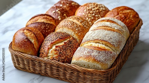 An elegant display of assorted breads in a fancy woven basket, showcasing the variety in textures and unique shapes, making it visually appealing and perfect for any gathering. photo