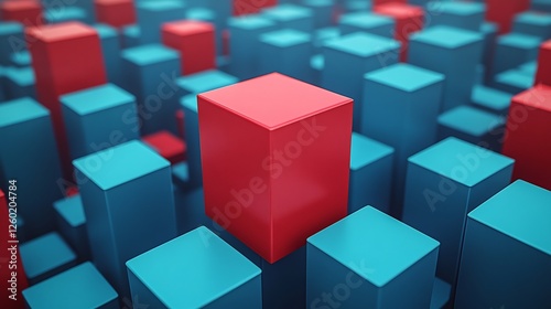Red Cube Stands Out Blue Block Field Abstract Design. AI Generated