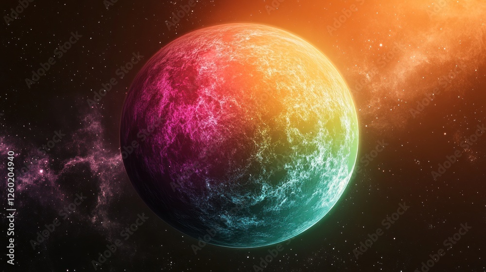 Fototapeta premium Rainbow Planet in a Cosmic Nebula: A Vibrant Celestial Scene