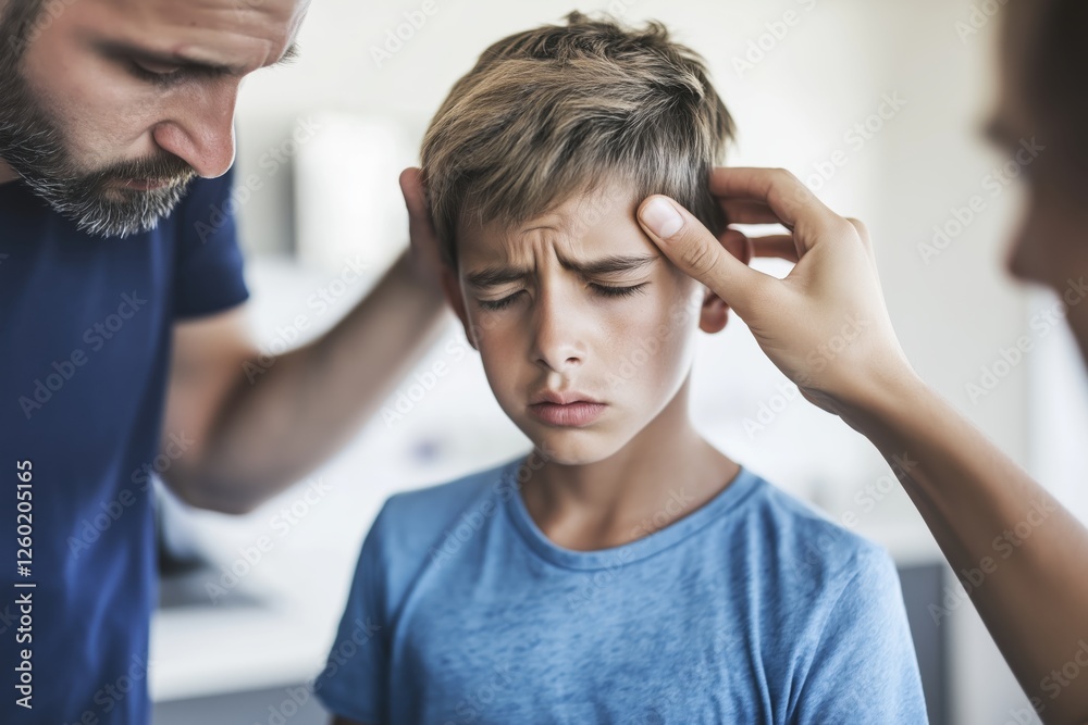 Fototapeta premium Father and son share emotional conversation at home during difficult time of illness