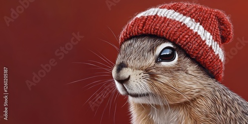 Light brown rabbit with dark-brown eyes wears a chic red-and-white striped beanie, showcasing detailed upper body and head. Soft, textured fur enhances the whimsical charm photo