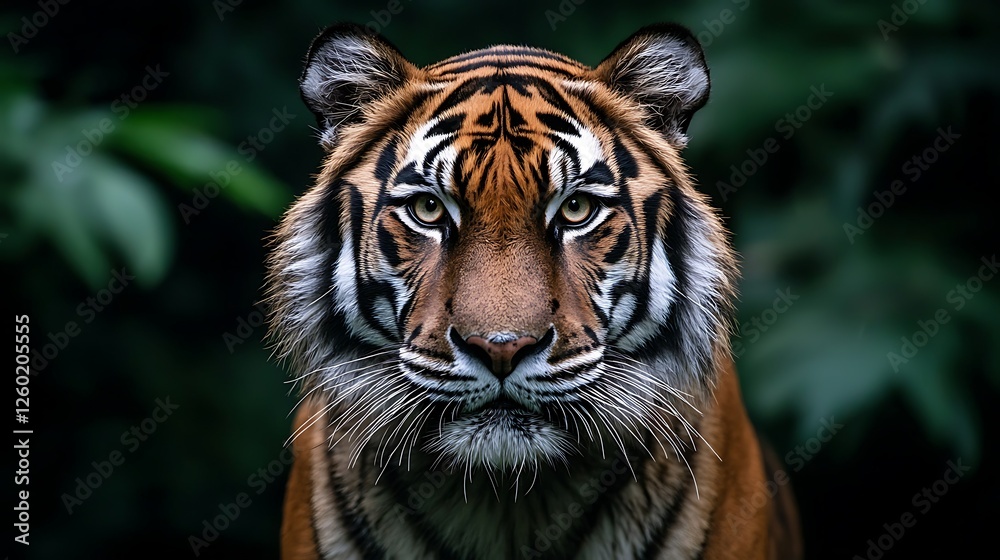 Fototapeta premium Majestic tiger stares, jungle backdrop, wildlife conservation