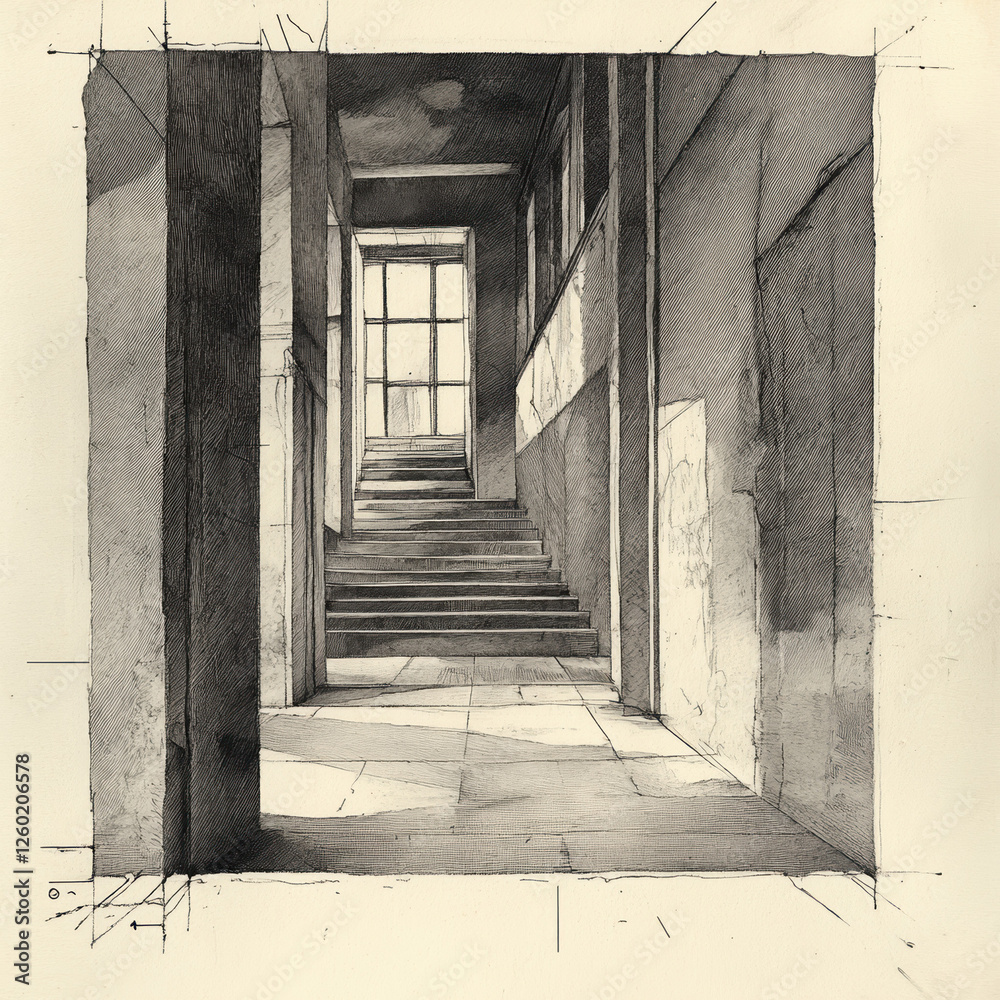 Obraz premium Architectural Illustration of a Sunlit Staircase in Vintage Pencil Sketch Style, Perfect for Classic Design and Interior Inspiration, with Intricate Details.