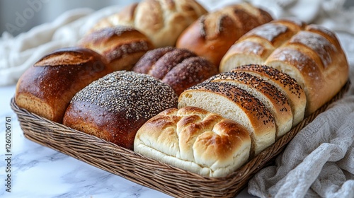 An enticing collection of artisan breads displayed in a wicker basket on a marble countertop, showcasing their varied textures and inviting warmth, ideal for food lovers and bakers alike. photo