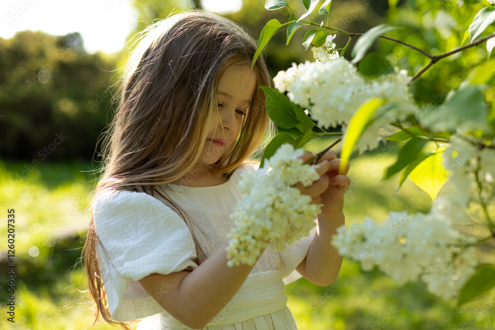 Cute happy little girl in a white dress in a spring park near the lilac flowers. A little girl in a lilac bush, a girl near a flowering bush, lilacs in spring, bushes bloom. Cute happy little girl in a white dress in a spring park near the lilac flowers. A little girl in a lilac bush, a girl near a flowering bush, lilacs in spring, bushes bloom.