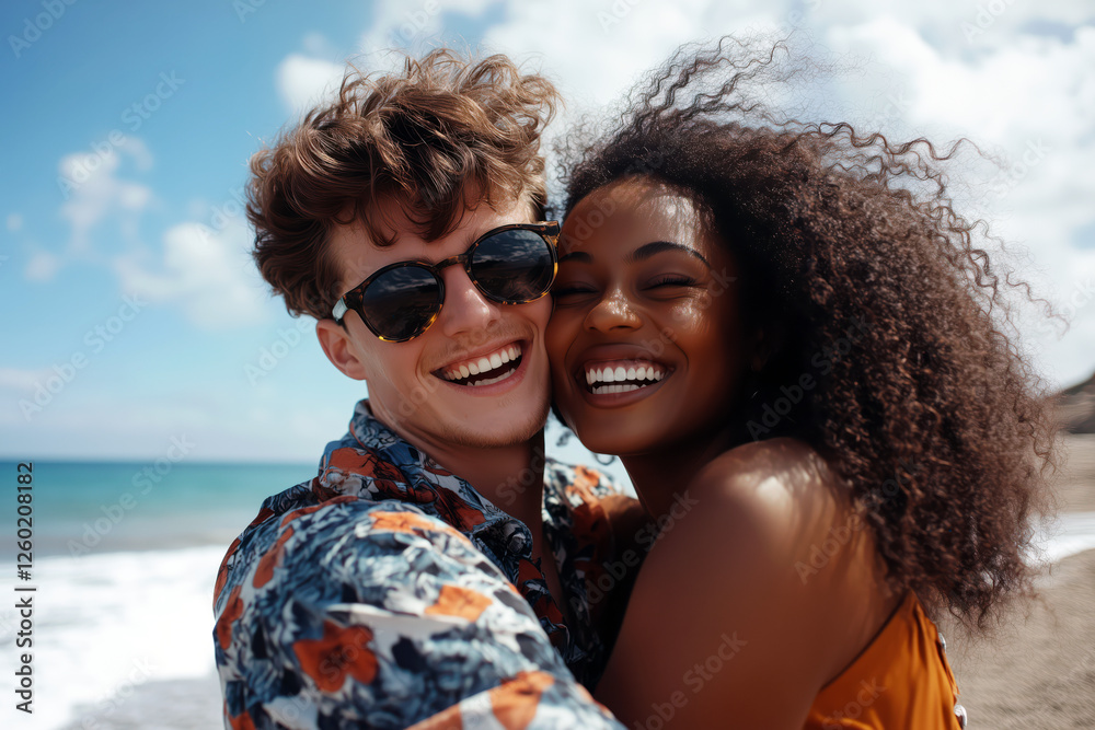 Happy smiling young multinational couple in love spending time on the ocean beach in summer Happy smiling young multinational couple in love spending time on the ocean beach in summer