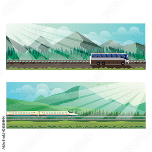 Bus and train travel theme illustration of banner