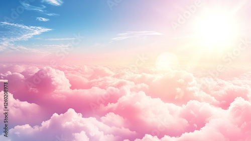 Fototapeta Naklejka Na Ścianę i Meble -  Beautiful fluffy pink clouds on blue sunny sky background