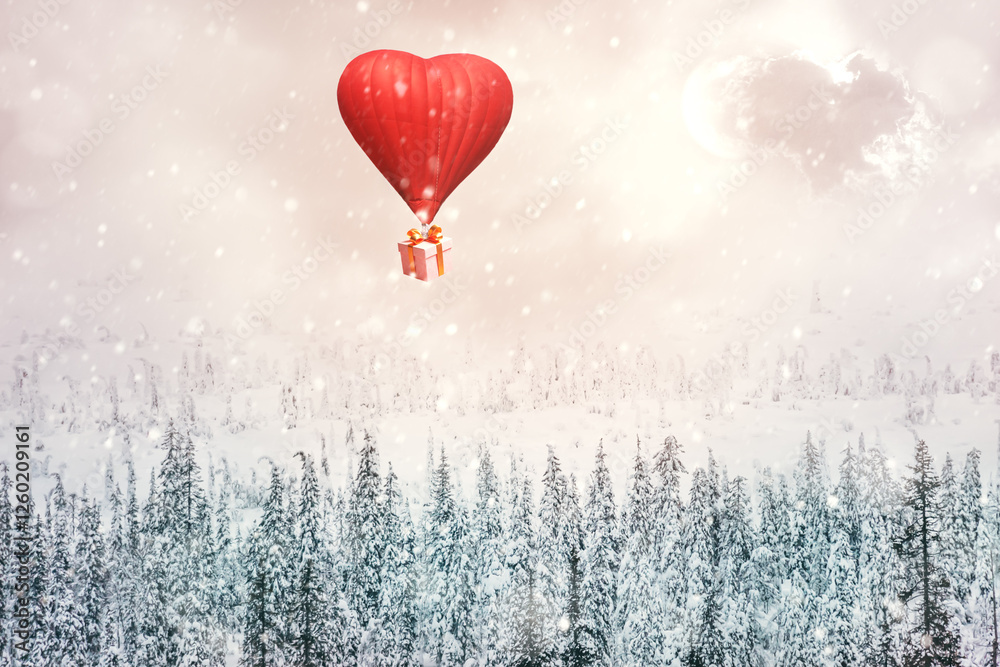 Fototapeta A heart-shaped balloon with a gift flies in the sky above snow-covered fir trees.
