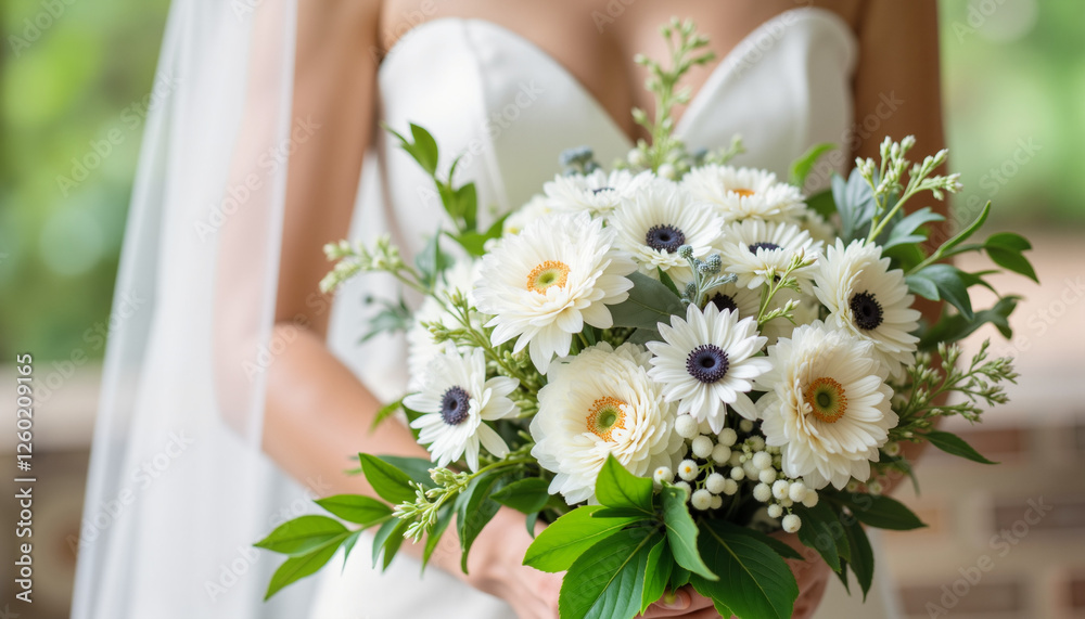Bride holding bouquet of white flowers outdoors Bride holding bouquet of white flowers outdoors