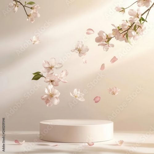 Elegant podium with soft petals gently falling, surrounded by blossoms and subtle spring lighting, fresh product display