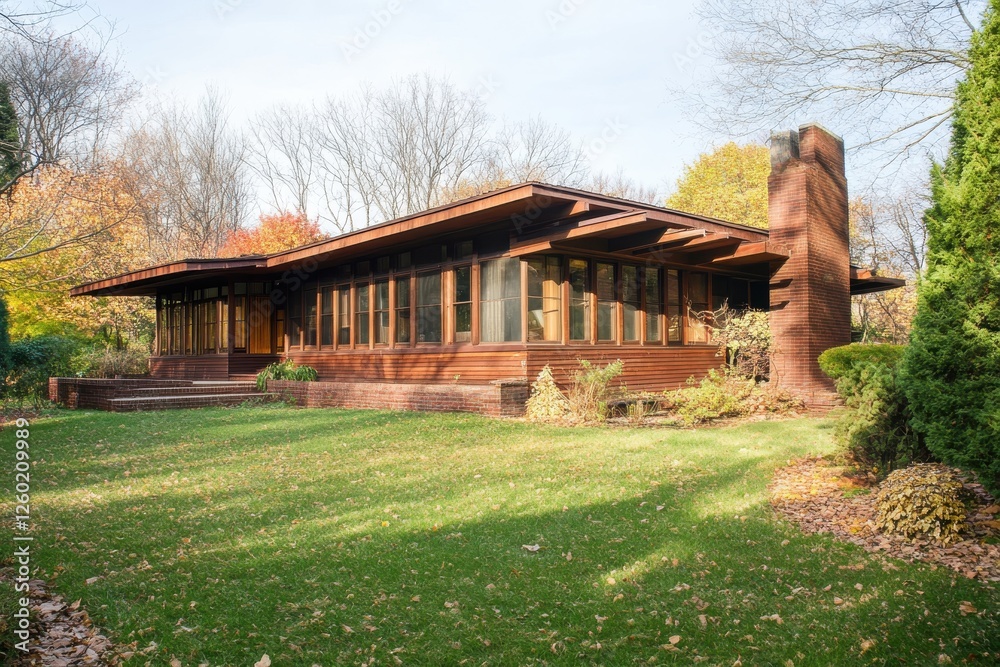 Autumn colors frame a stunning Prairie School home. Autumn colors frame a stunning Prairie School home.
