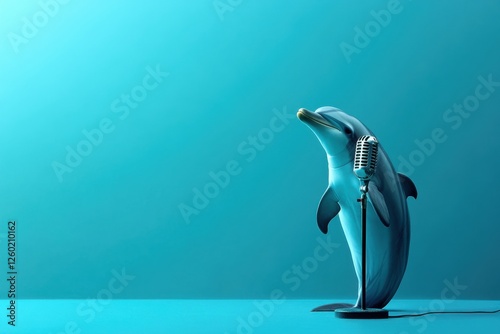 Dolphin delivers an engaging news broadcast in a vibrant underwater studio setting photo