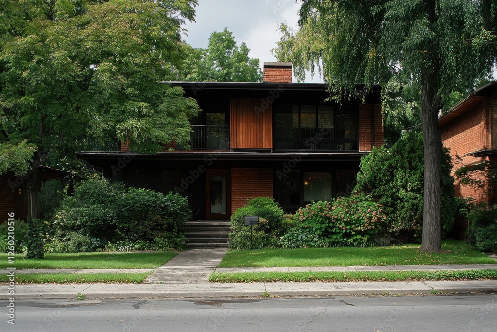 Mid-century modern home, brick facade, lush greenery Mid-century modern home, brick facade, lush greenery