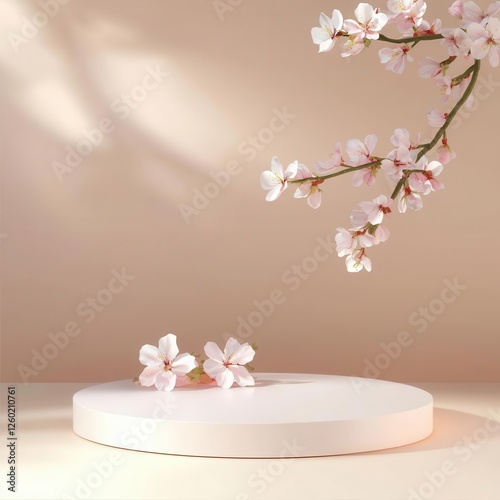 Floating podium with subtle pastel tones and delicate blossoms, soft sunlight creating a spring-themed product mockup