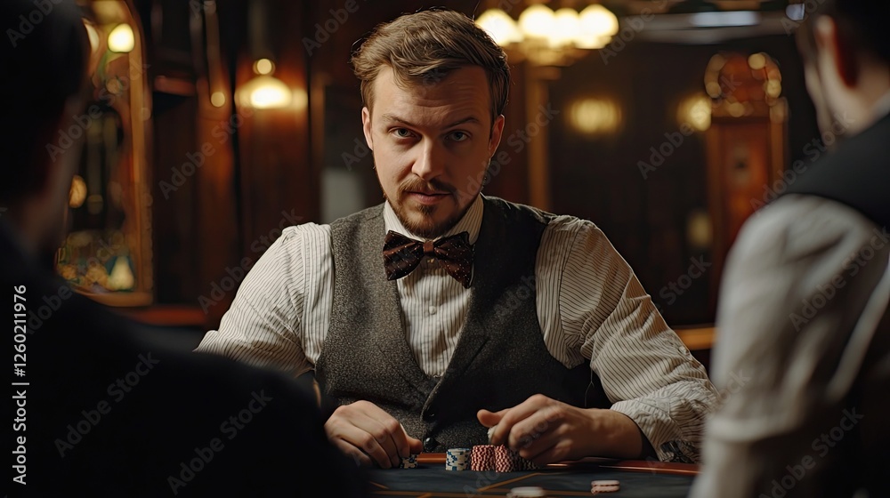 Well-dressed casino dealer holding a stack of poker chips at a gaming table. Elegant setting with focused expressions of players, and luxurious interior. A high-stakes gambling scene. Generative AI. Well-dressed casino dealer holding a stack of poker chips at a gaming table. Elegant setting with focused expressions of players, and luxurious interior. A high-stakes gambling scene. Generative AI.
