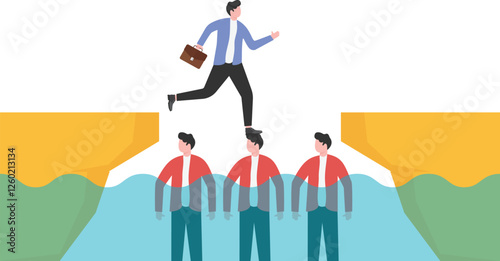 Business concept illustration of a businessman using his friends as stepping stones
