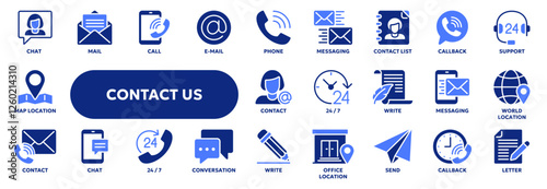 Set of vector solid icons related to website's contact us section, 24 / 7 phone support and internet chat. Symbols for website or app ui, logo design, illustration