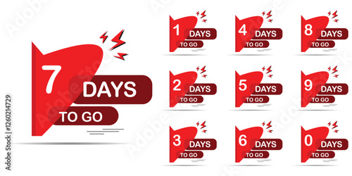 Days to go, Countdown of days 1,2,3,4,5,6,7,8,9,10. The days left badges. A countdown is going on, one day I left a badge and a label to calculate the date of work. Offer timer, Vecort eps 10