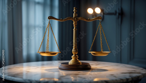 Scale of Justice on Marble Table Softly Glowing Representing Legal Fairness and Equity photo