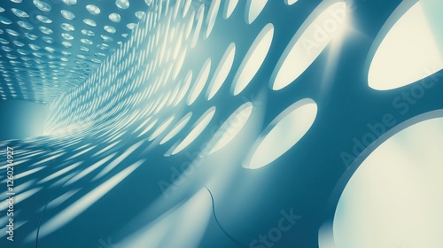 abstract blue curved tunnel with perforated walls