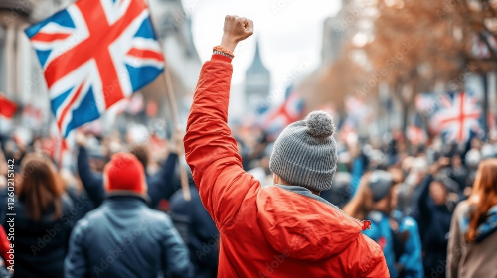 Fototapeta premium Person in red jacket raises fist at a rally. A crowd holds flags in the background.
