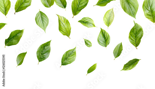 Green leaves flying in the air on a white background, a banner design, a flat lay view of green leaves falling down, isolated on a white background. 