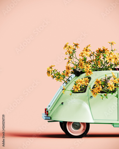 Old mint green retro car full of yellow spring flowers on pink background with copy space. Spring is here concept design. 3D Rendering, 3D Illustration photo