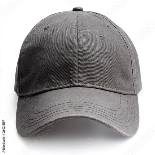 A gray baseball cap, front view, on a white background.