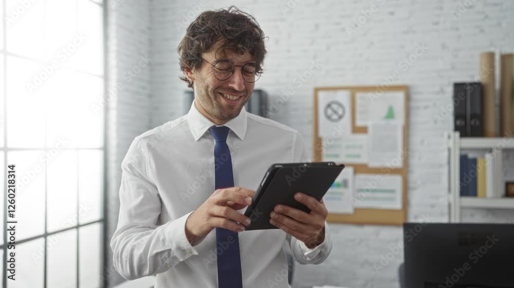 Young man in office using tablet wearing a white shirt and tie smiles in a bright interior workspace with documents and plants enhancing the professional setting. Young man in office using tablet wearing a white shirt and tie smiles in a bright interior workspace with documents and plants enhancing the professional setting.