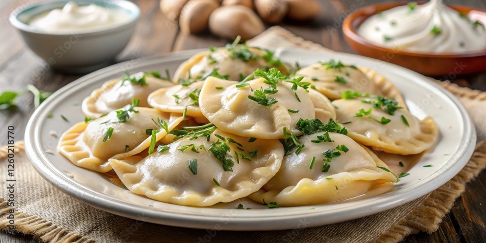 Pierogi on a plate, topped with dollop of sour cream and sprinkled with chopped fresh dill