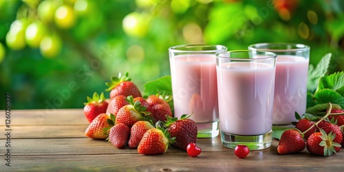 Two glasses of strawberry milk sitting on a table with fresh strawberries and grapes in the background photo