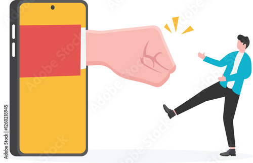 Vector illustration of businessman pointed by giant fingers comes out of cellphone, cancel culture, social media, blame

