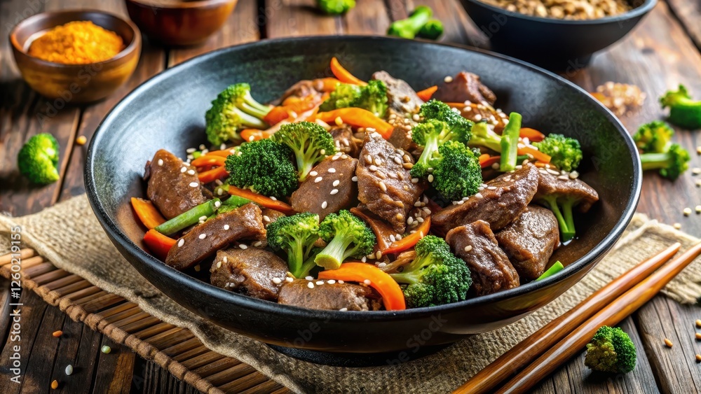 Freshly cooked beef and broccoli in a wok-style bowl with a bright orange color scheme and scattered sesame seeds on top , Asian-inspired, colors Freshly cooked beef and broccoli in a wok-style bowl with a bright orange color scheme and scattered sesame seeds on top , Asian-inspired, colors