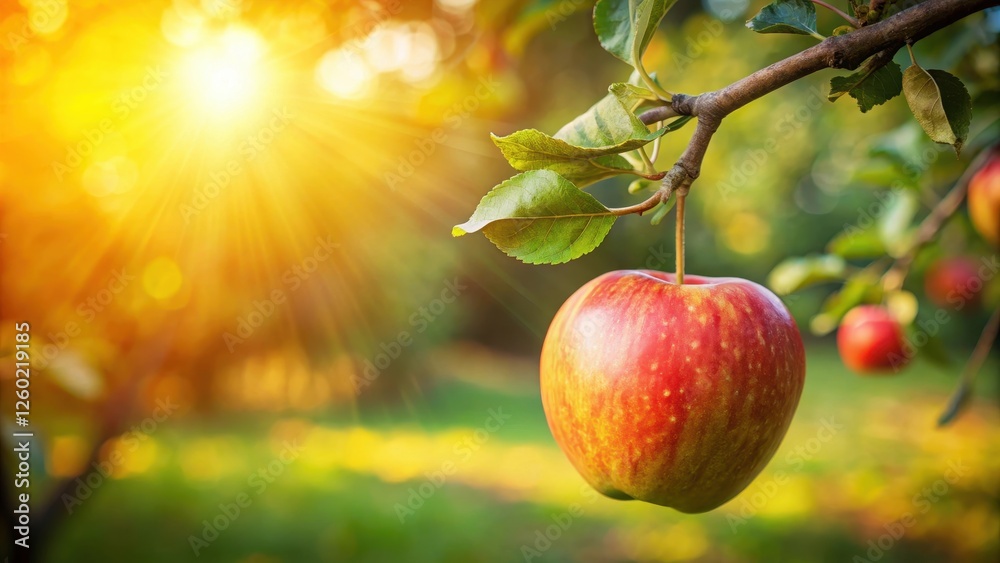 Fototapeta premium A fruit, hanging from a branch of a tree, in the sunlight , apples, nature, apples, nature, dangle, hang, green, foliage, sweet