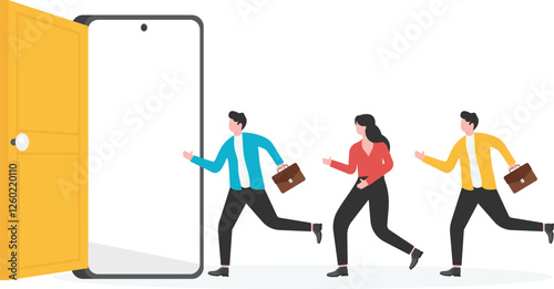 Business concept illustration of a businessman running towards a smart phone with keyhole on its screen

